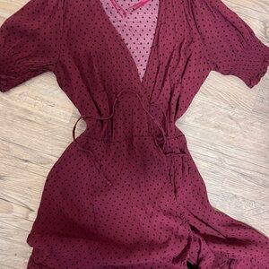 Burgundy Polka Dot Wrap Dress